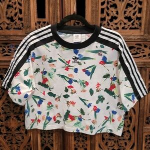 Adidas Originals Bellista Cropped Floral Tee - White with Black Stripes,  Medium